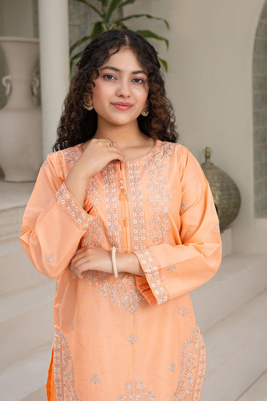3 Piece Embroidered Cotton Eastern Formal Suit for Girls Creamy Peach T-SFC-S26-008