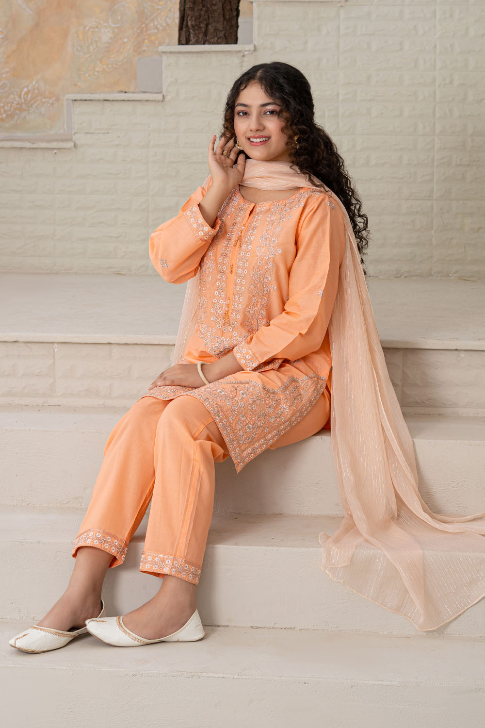 3 Piece Embroidered Cotton Eastern Formal Suit for Girls Creamy Peach T-SFC-S26-008