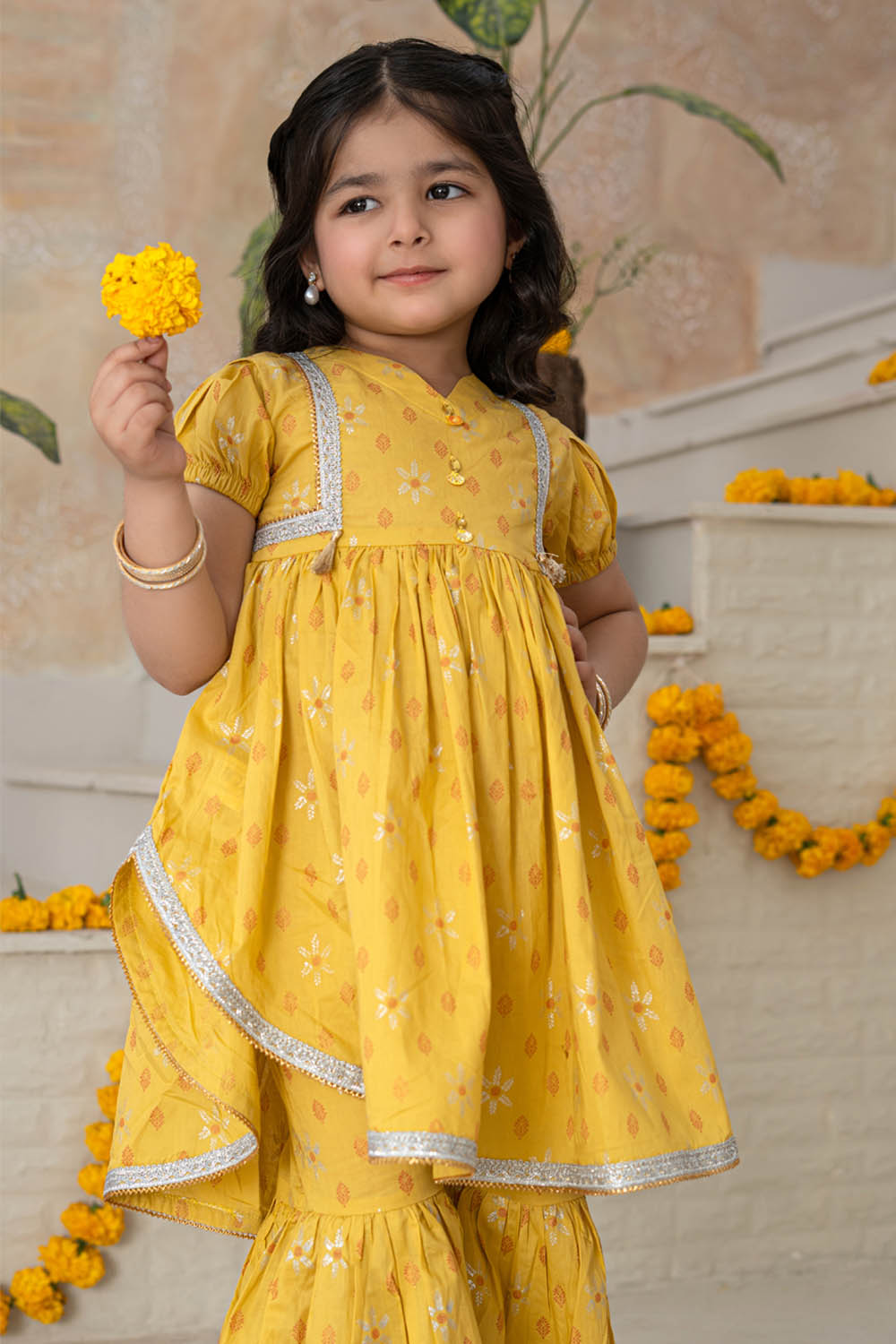 3 Piece Cotton Tunic with Gharara for Girls Mustard Festive Wear K-MG-004