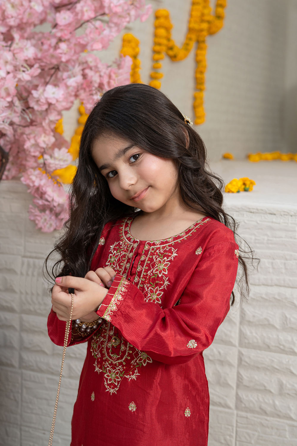 3 Piece Embroidered Silk Blend Shirt with Gharara for Girls Festive Wear K-FORT-009