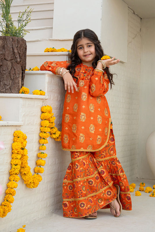 3 Piece Embroidered Indian Raw Silk Kurta with Gharara for Girls Orange Festive Wear K-FORT-007