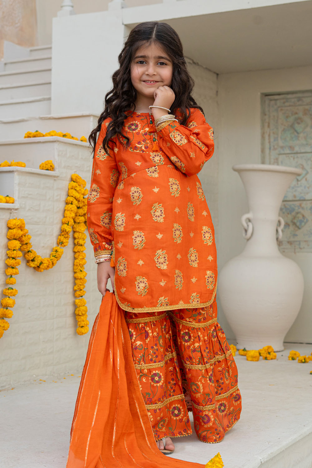 Stitched Dress Girls Orange 3 Piece Silk Kurta Gharara Festive Dress –  MAHROO