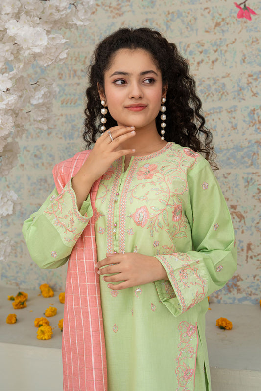 3 Piece Embroidered Cotton Eastern Formal Suit for Girls Light Green T-SFC-S26-003