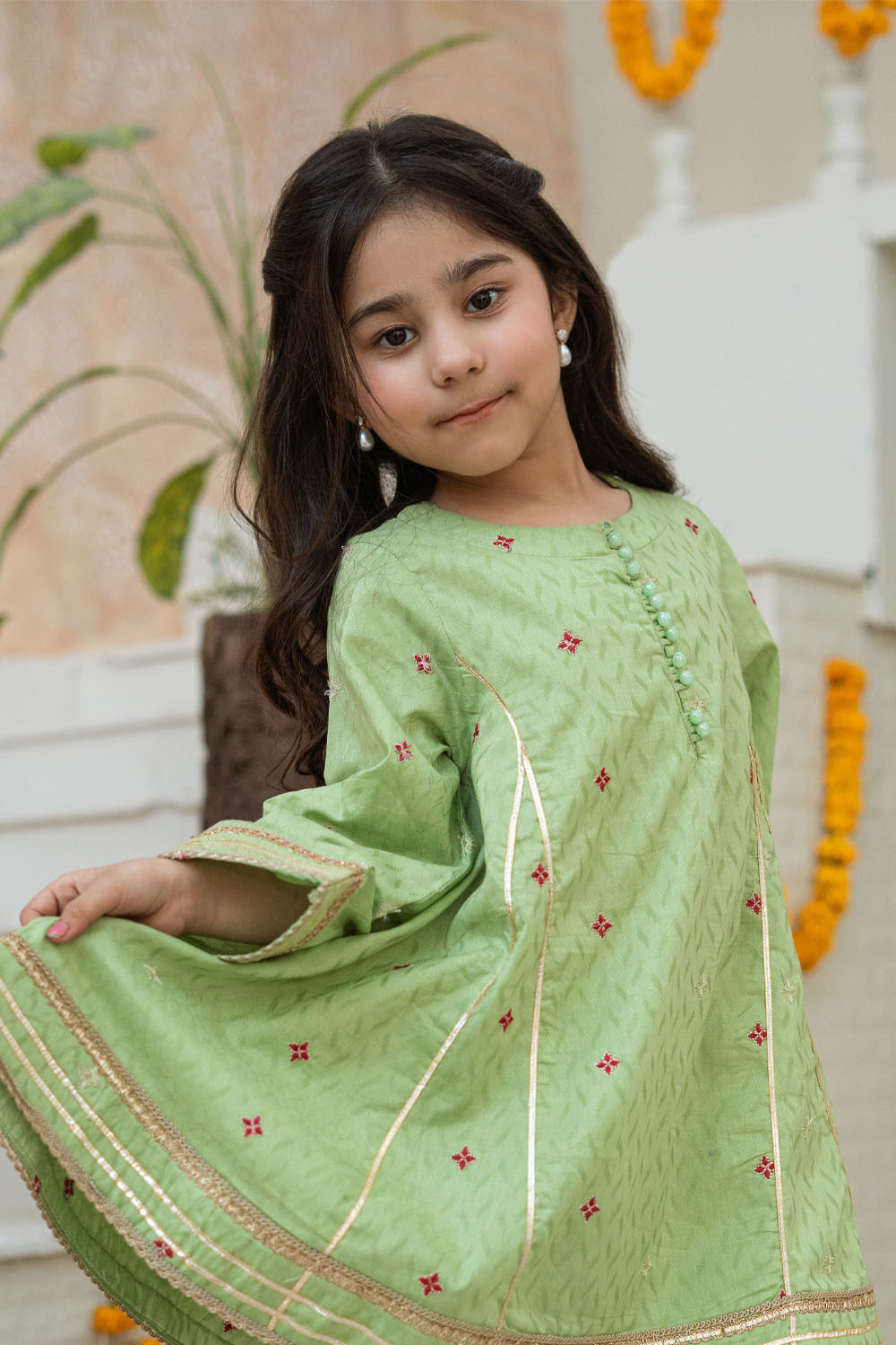3 Piece Embroidered Cotton Tunic with Panel Shalwar for Girls Festive Wear K-MG-013