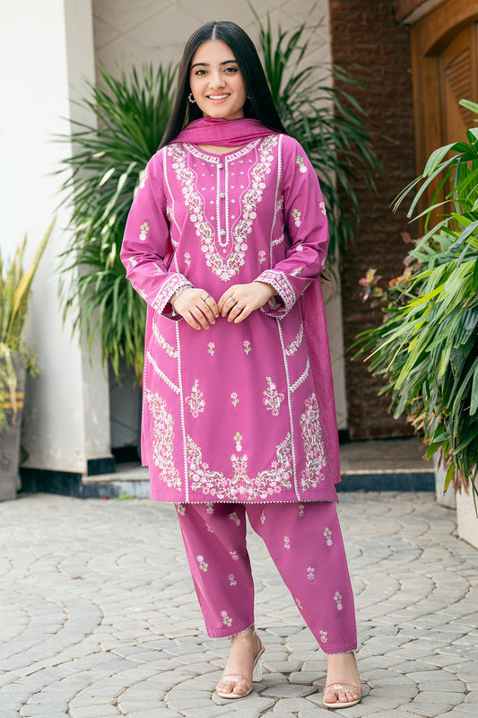T-SFC-026 EMBROIDERED SHIRT AND SHALWAR TABEL PRINT 3 PCS SUIT