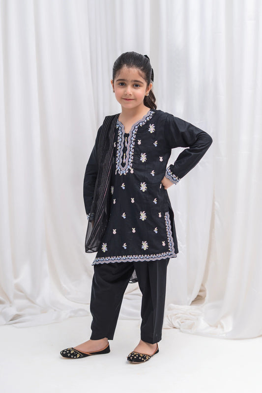 Girls Black Embroidered Lawn Kurta Set 3 Piece K-SFC-S26-012