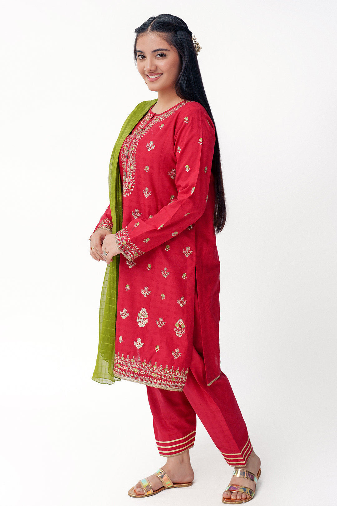 3 Piece Embroidered Suit Green Chiffon Dupatta T-SFC-025