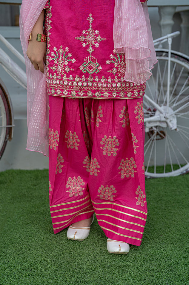 3 Piece Embroidered Cambric Suit with Table Print T-EMB-001