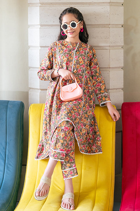 2 Piece Lawn All Over Printed Panel Frock with Trouser K-ALPRTW-048