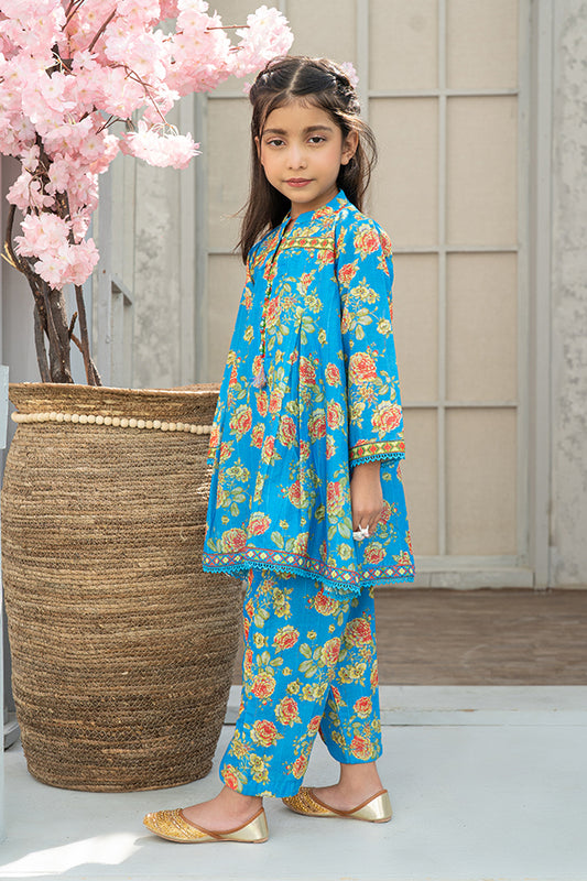 2 Piece Blue Digital Printed Co-ords Set with Lace work K-ALPRTW-037