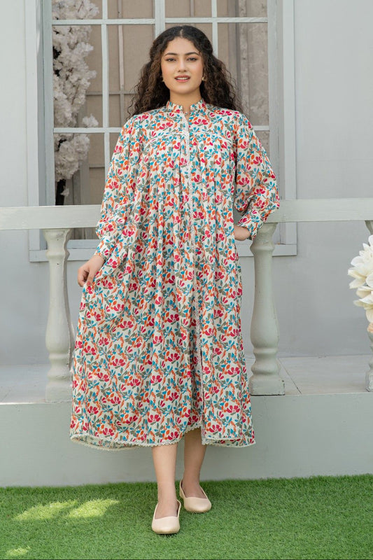 1 Piece Maxi Beige Printed Dress with Lace Detailing T-FRK-012