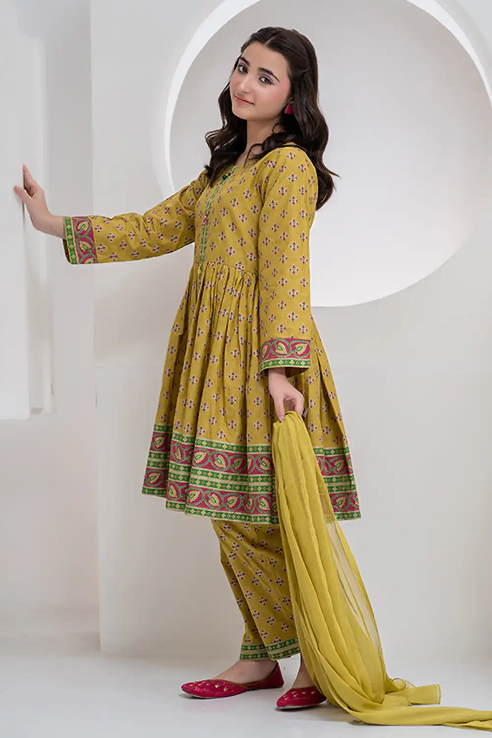 3 Piece Mehndi Dyed Jacquard Table Printed Semi Frock JK-PRT-013