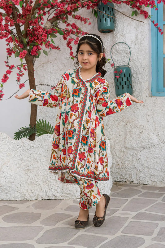 Girls Multi Cream Printed Angrakha Frock 2 Piece Set K-ALP-S26-001