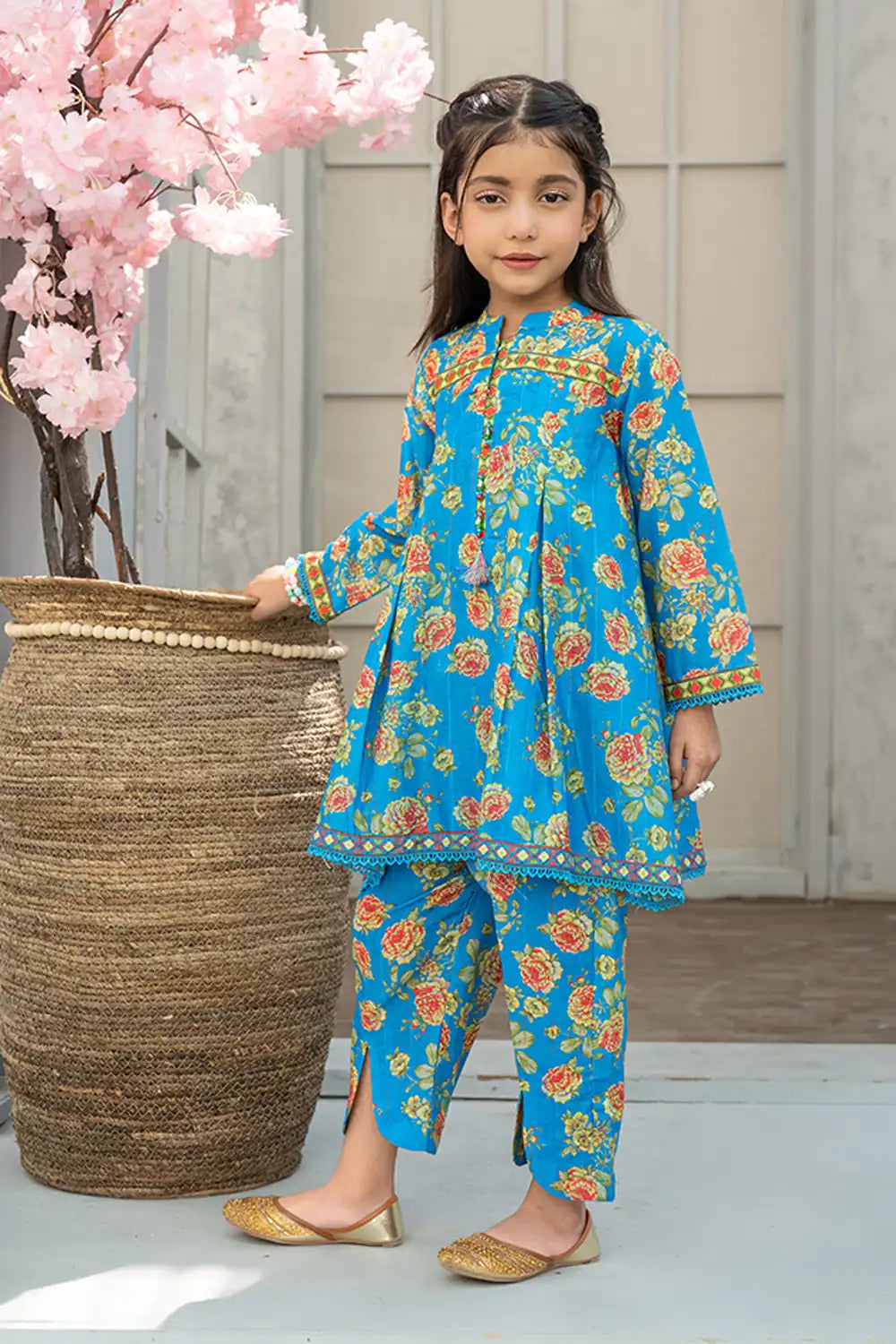 2 Piece Blue Digital Printed Co-ords Set with Lace work K-ALPRTW-037