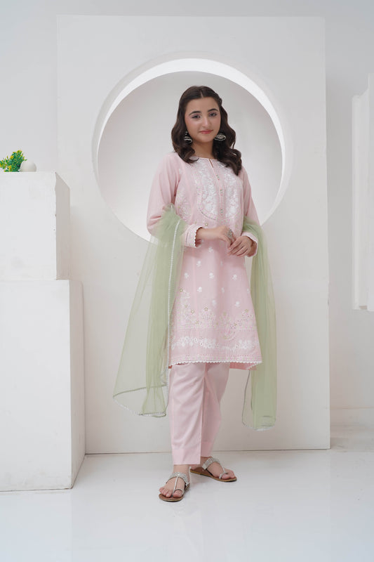 3 Piece Lawn Embroidered Suit with Organza R-T-SFC-009
