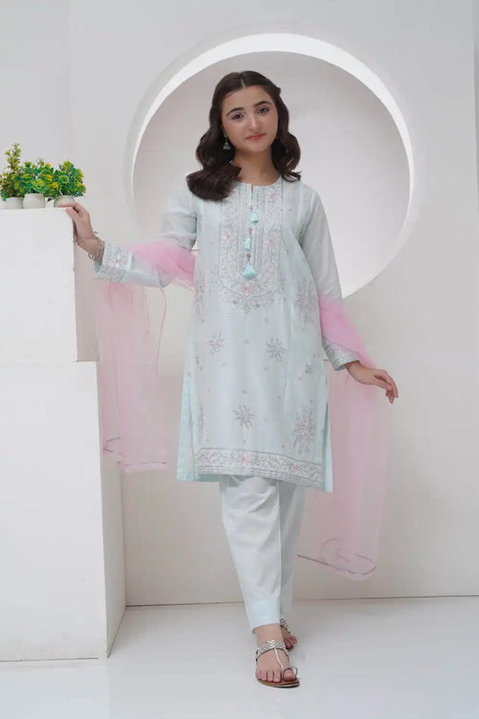 3 Piece Suit Embroidered Cambric Lawn Organza Dupatta R-T-SFC-010