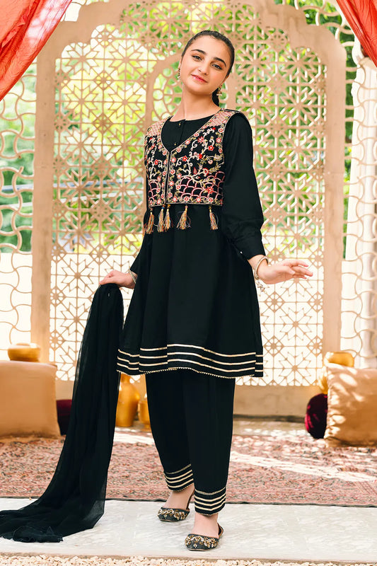 3 Piece Blackish Blue Frock with Embroidered Kotti & Trouser SFC-185