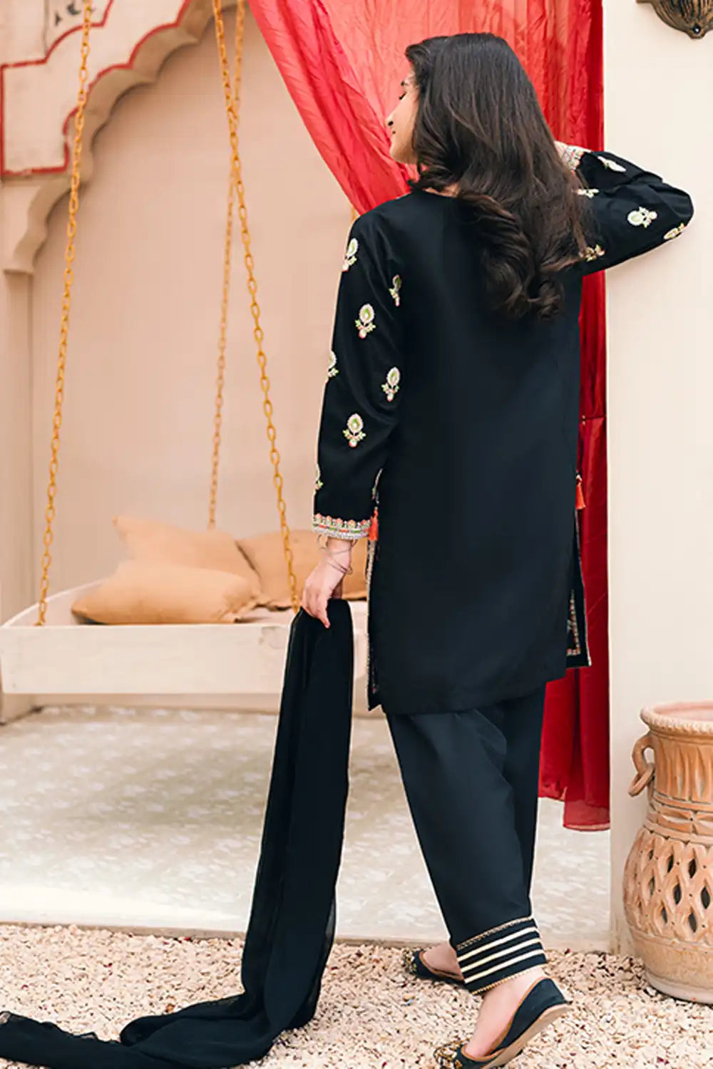 3 Piece Suit Black Embroidered with Chiffon Dupatta SFC-187