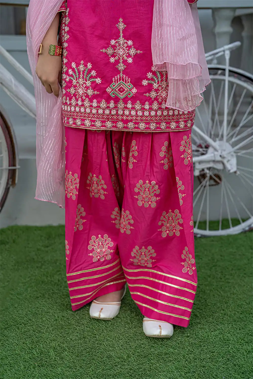 3 Piece Embroidered Cambric Suit with Table Print T-EMB-001