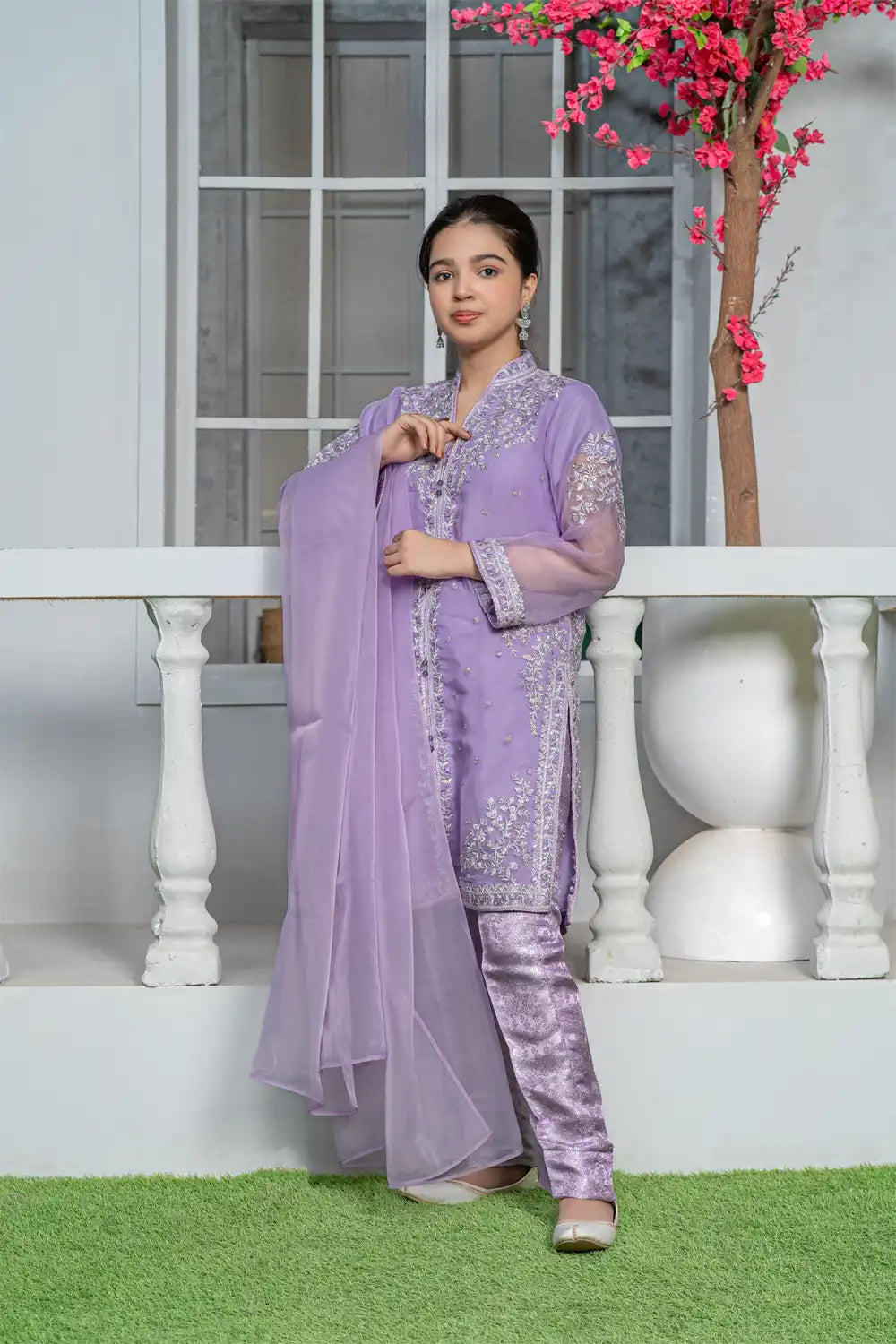 3 Piece Shirt with Banarsi Trouser Pale Lilac Embroidered T-FORT-001