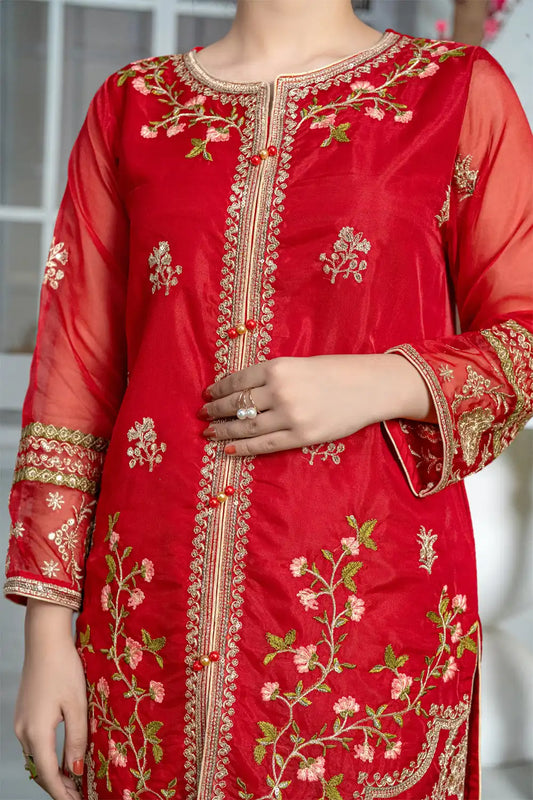 3 Piece Red Embroidered Organza Shirt with Elegant Trouser T-FORT-002