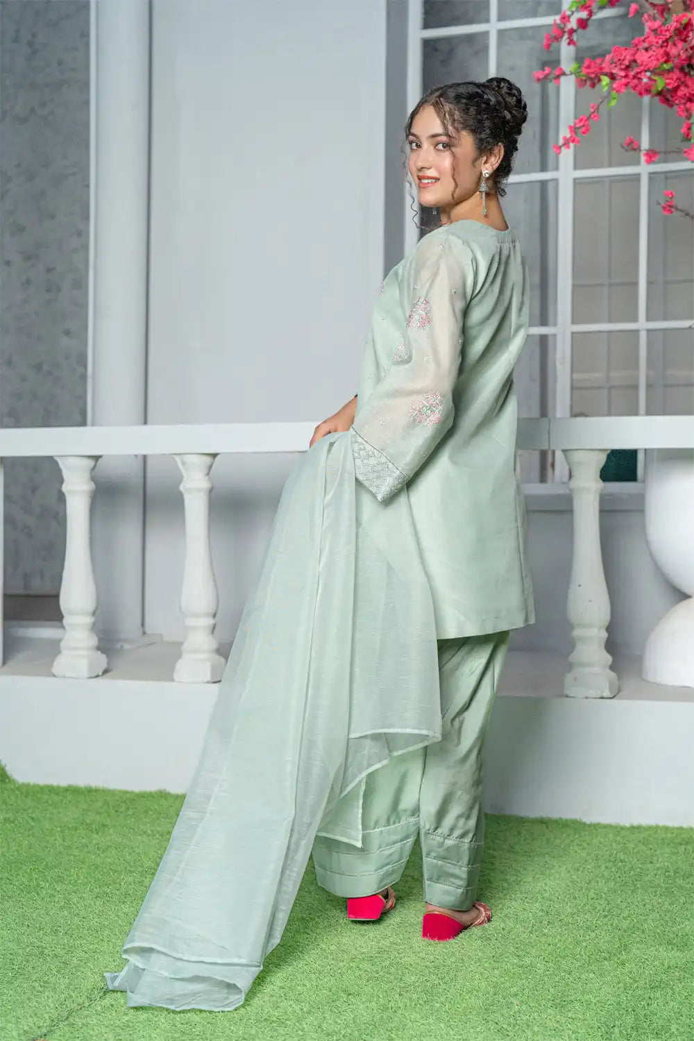 3 Piece Shirt with Farshi Shalwar Mint Green Embroidered T-FORT-005