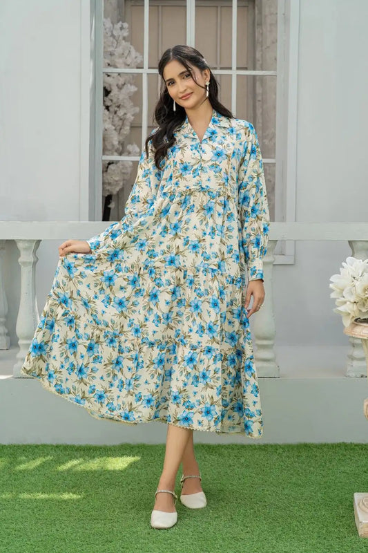 1 Piece Maxi Cream Floral Printed Dress Light Khaddar T-FRK-008
