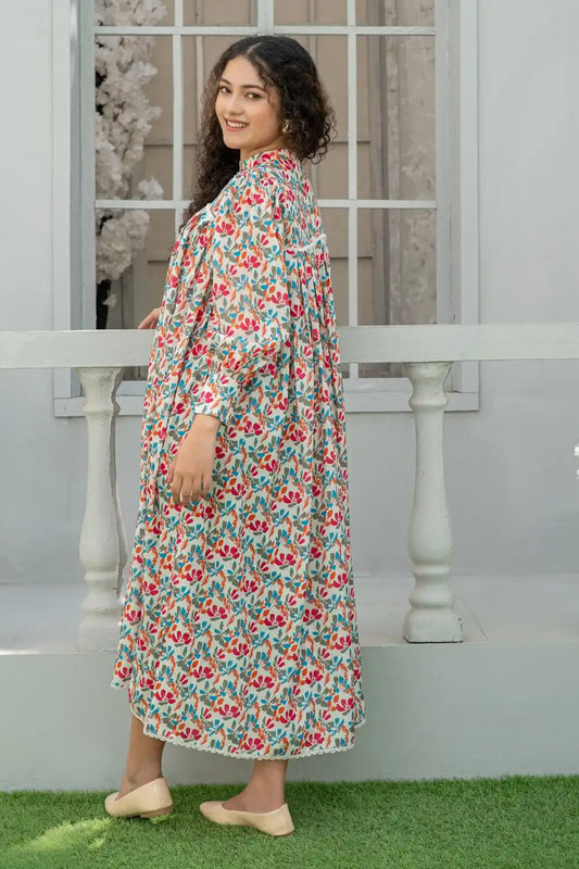 1 Piece Maxi Beige Printed Dress with Lace Detailing T-FRK-012