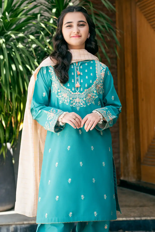 3 Piece Suit Tea-Pink Chiffon Dupatta Cotton Embroidered 3 Piece Suit T-SFC-027