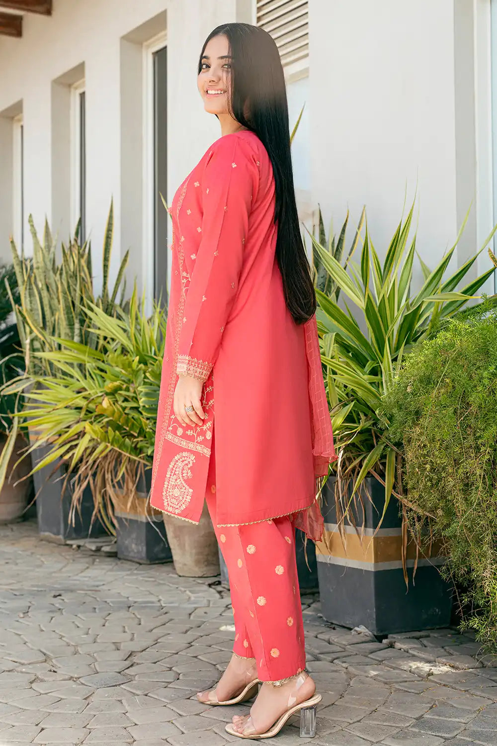 3 Piece Suit Red Embroidered Dress T-SFC-028