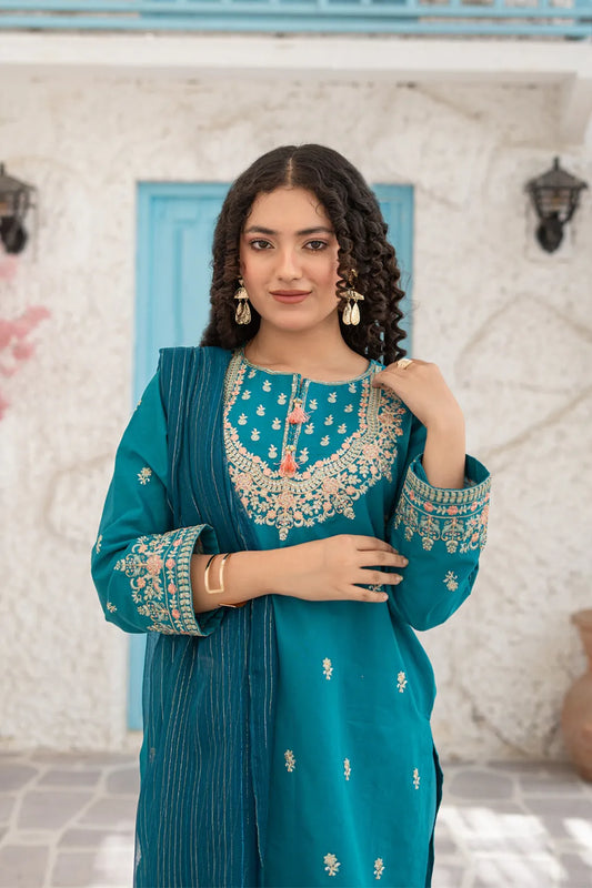 Teal Blue Embroidered Cotton Kurti Farshi Shalwar 3 Piece Set T-SFC-S26-010