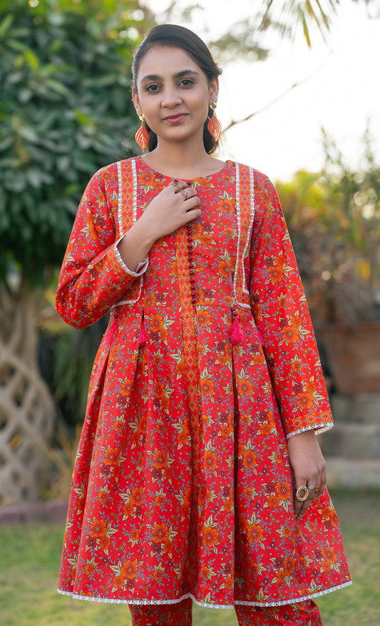 2 Piece Dress Table Print Frock with Straight Trouser T-ALPRTW-036