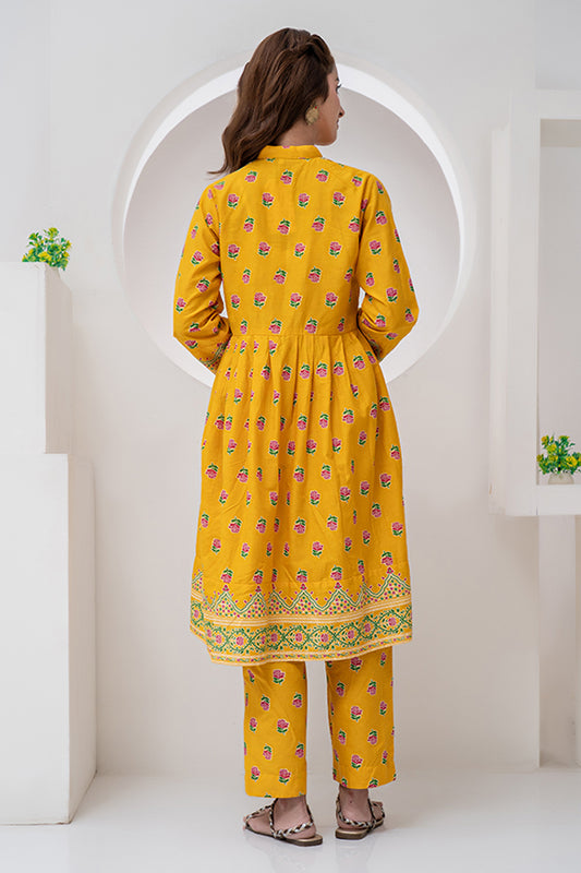 3 Piece Suit Jacquard Semi Frock with Collar Placket JK-PRT-010