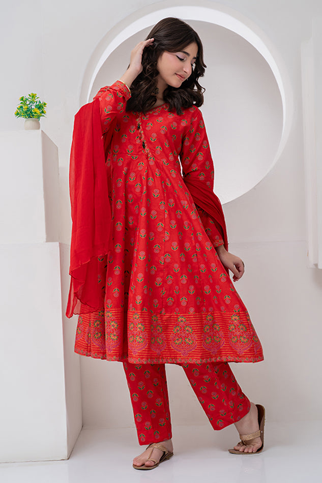 3 Piece Red Jacquard Angrakha Maxi Cut JK-PRT-011