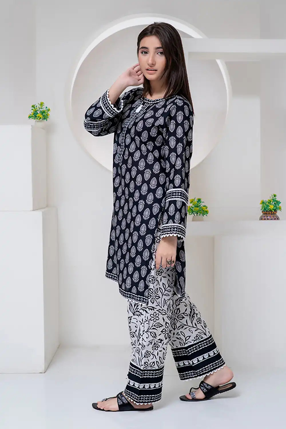 2 Piece Suit Black & White Lawn Printed Co-ords Set Cord-023