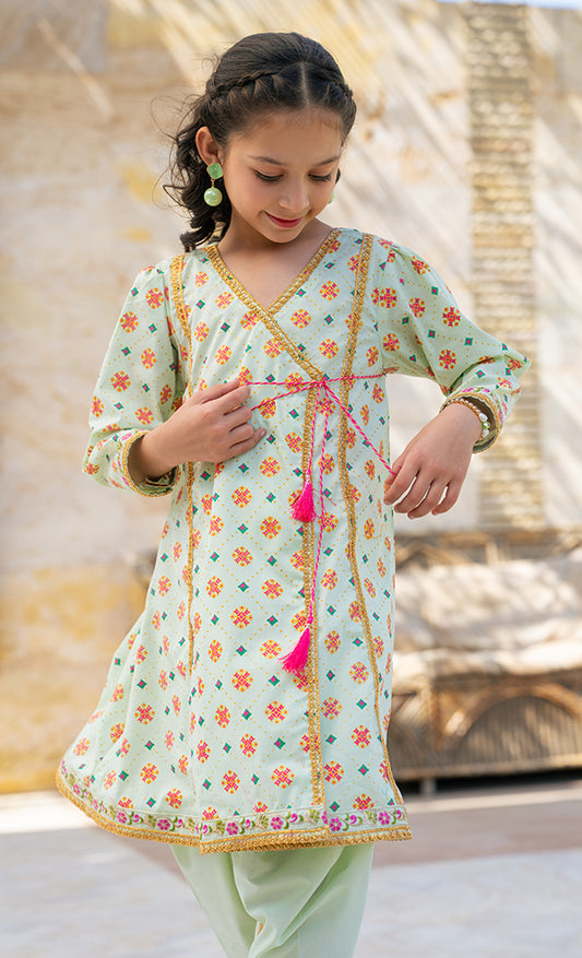 2 Piece Dress Table Print Angrakha Style Frock with Tulip K-SFC-019