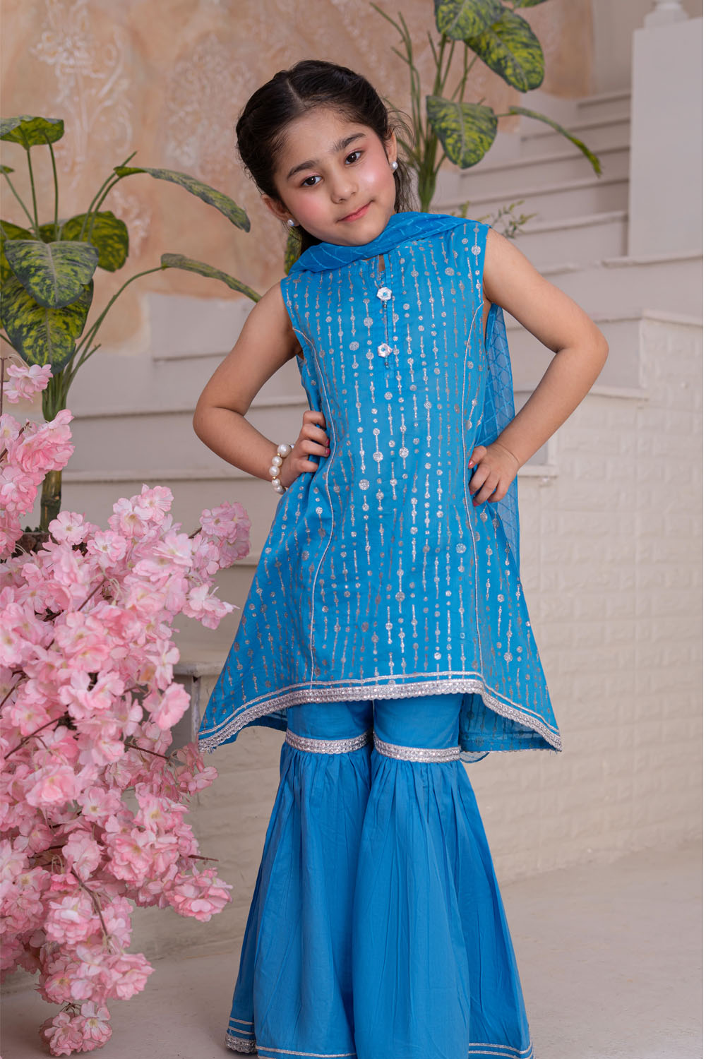 3 Piece Cotton Tunic with Gharara for Girls Festive Wear K-MG-001