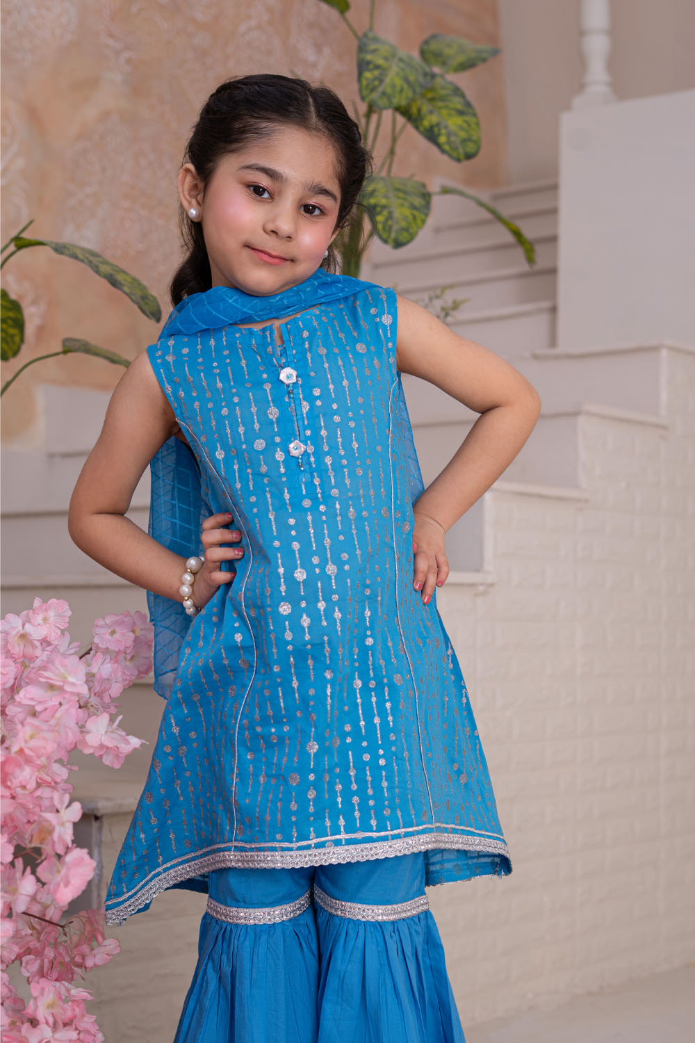 3 Piece Cotton Tunic with Gharara for Girls Festive Wear K-MG-001