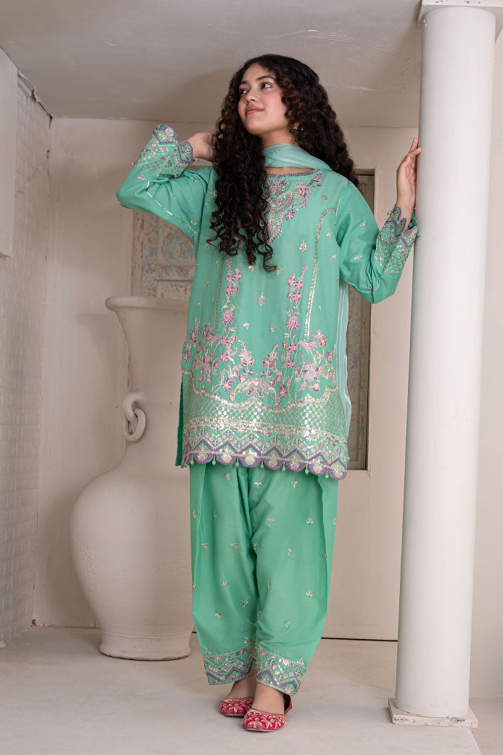 3 Piece Embroidered Cotton Eastern Formal Suit for Girls Jade Green T-SFC-S26-002