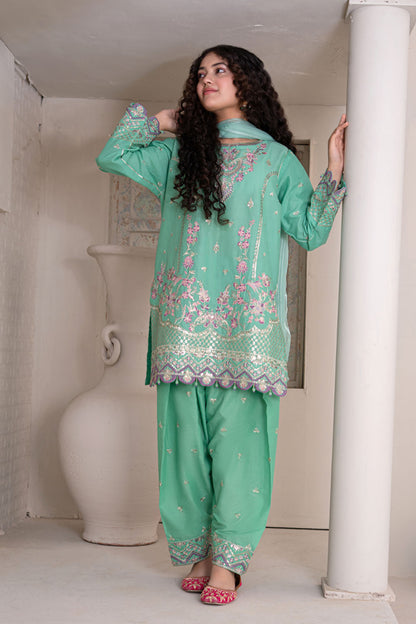 3 Piece Embroidered Cotton Eastern Formal Suit for Girls Jade Green T-SFC-S26-002