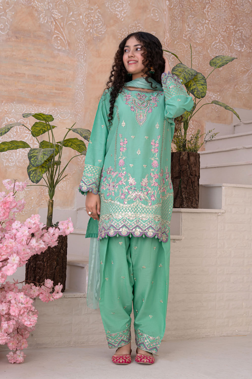 3 Piece Embroidered Cotton Eastern Formal Suit for Girls Jade Green T-SFC-S26-002