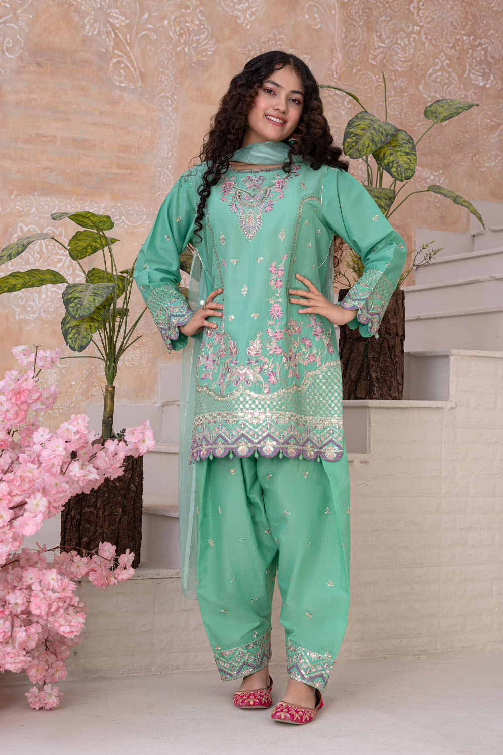 3 Piece Embroidered Cotton Eastern Formal Suit for Girls Jade Green T-SFC-S26-002