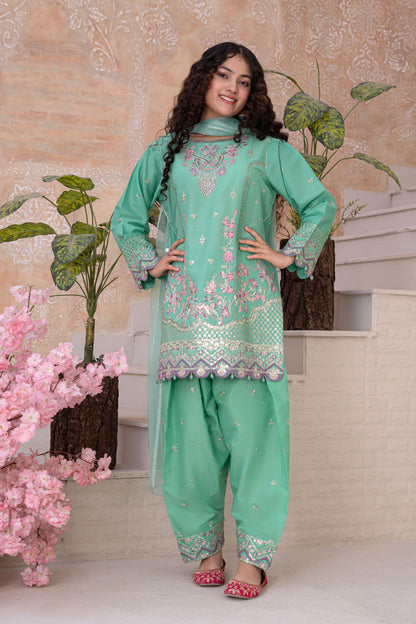 3 Piece Embroidered Cotton Eastern Formal Suit for Girls Jade Green T-SFC-S26-002