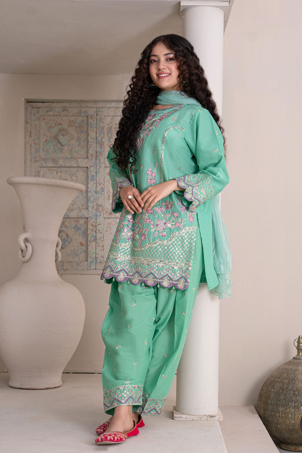 3 Piece Embroidered Cotton Eastern Formal Suit for Girls Jade Green T-SFC-S26-002