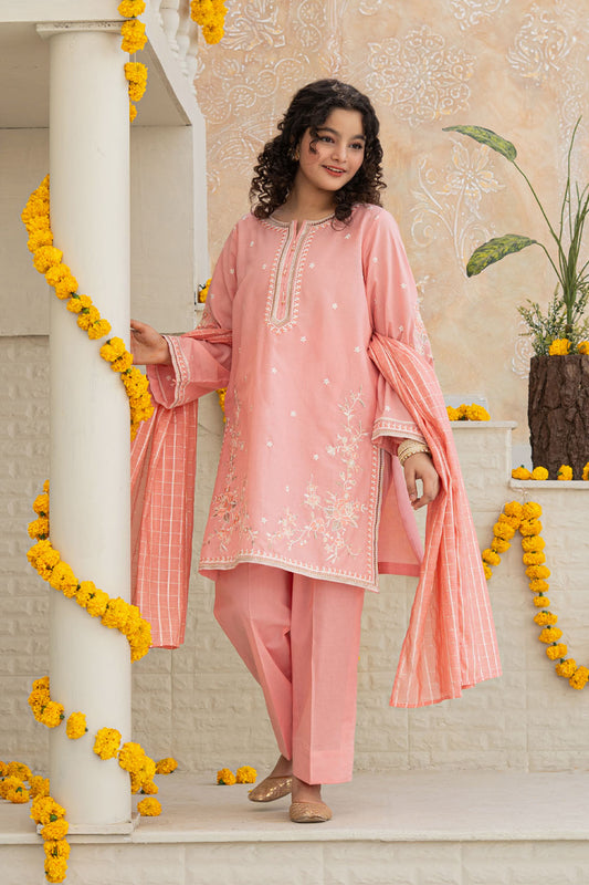 3 Piece Embroidered Cotton Lawn Eastern Formal Suit for Girls Classic Pink T-SFC-S26-009