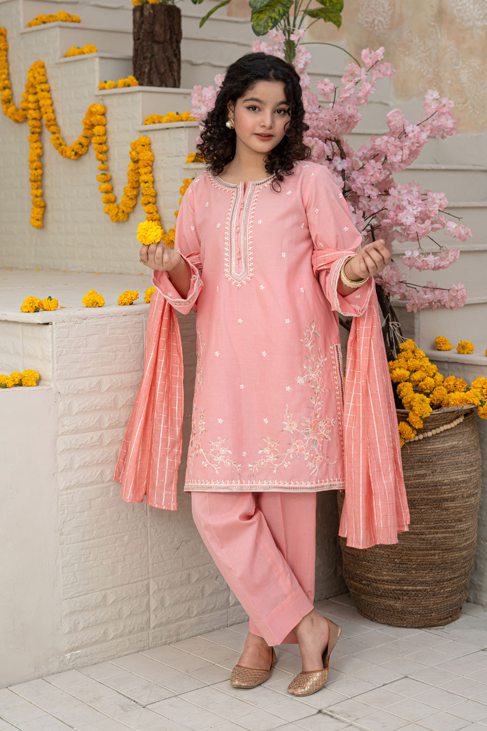 3 Piece Embroidered Cotton Lawn Eastern Formal Suit for Girls Classic Pink T-SFC-S26-009