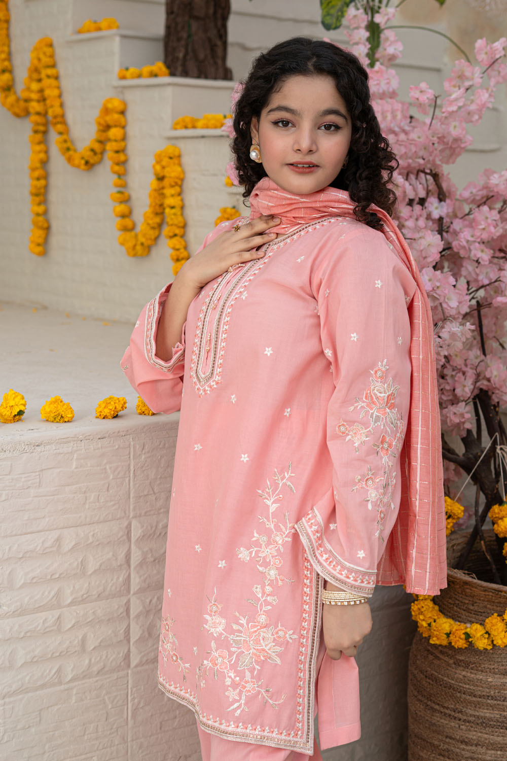 3 Piece Embroidered Cotton Lawn Eastern Formal Suit for Girls Classic Pink T-SFC-S26-009