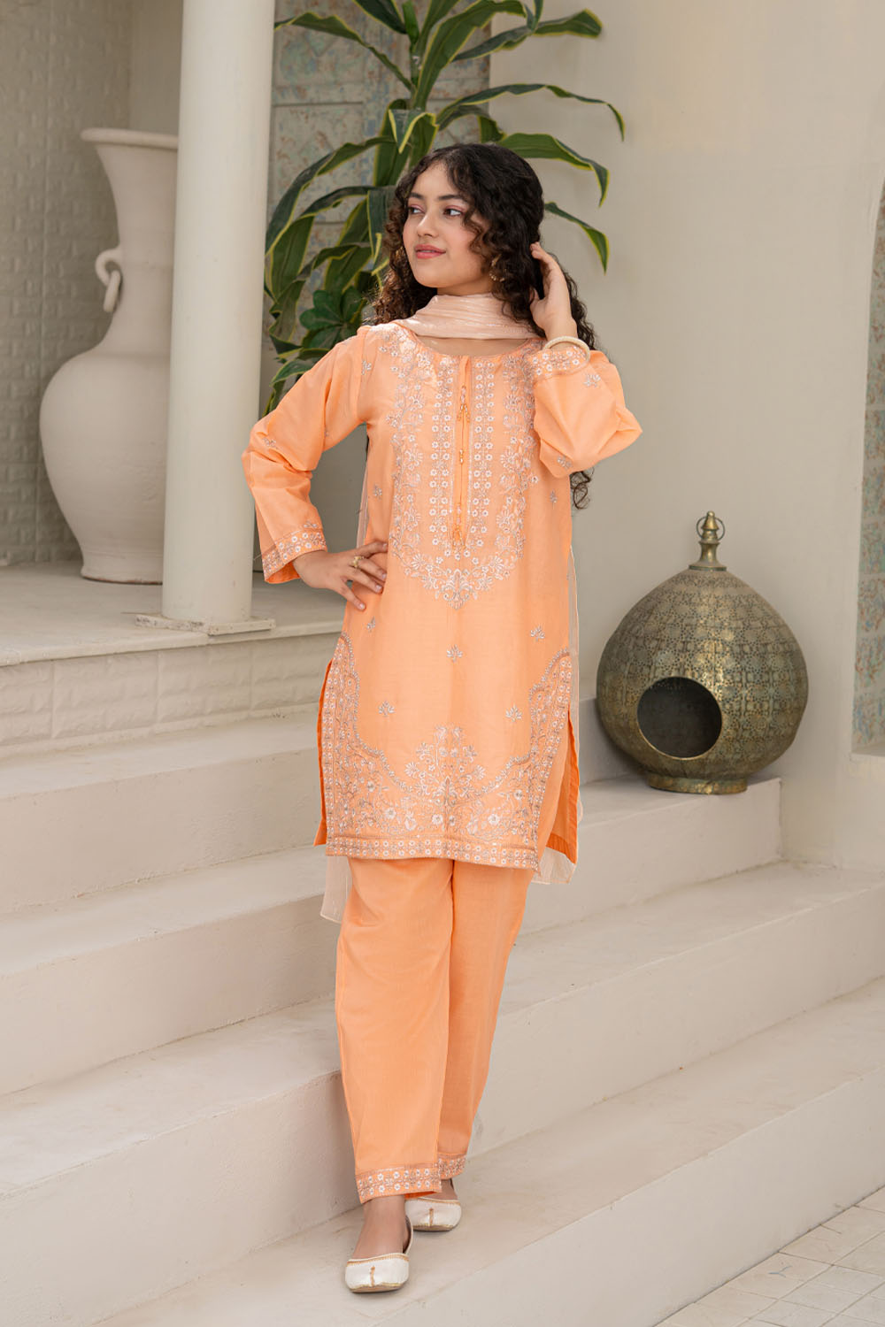 3 Piece Embroidered Cotton Eastern Formal Suit for Girls Creamy Peach T-SFC-S26-008