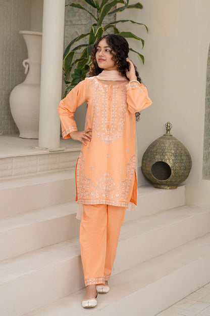 3 Piece Embroidered Cotton Eastern Formal Suit for Girls Creamy Peach T-SFC-S26-008