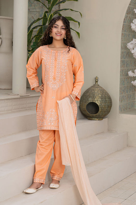 3 Piece Embroidered Cotton Eastern Formal Suit for Girls Creamy Peach T-SFC-S26-008